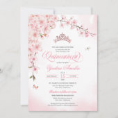 Cherry Blossom Roos Gold Tiara Pink Quinceañera Kaart (Voorkant)