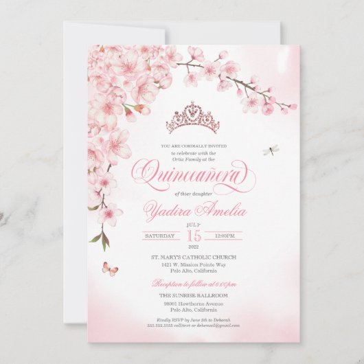 Cherry Blossom Roos Gold Tiara Pink Quinceañera Kaart (Voorkant)