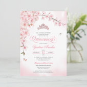 Cherry Blossom Roos Gold Tiara Pink Quinceañera Kaart (Staand voorkant)