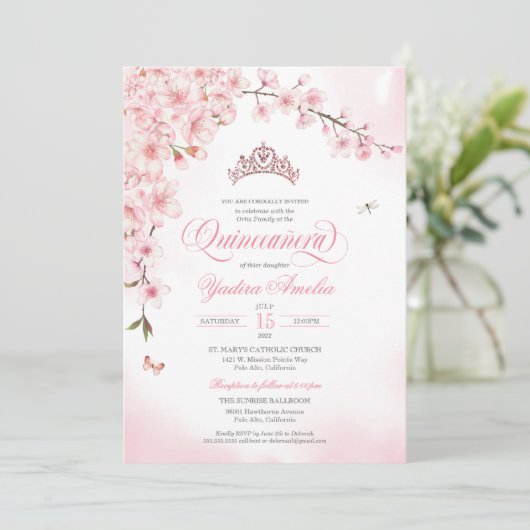 Cherry Blossom Roos Gold Tiara Pink Quinceañera Kaart (Staand voorkant)