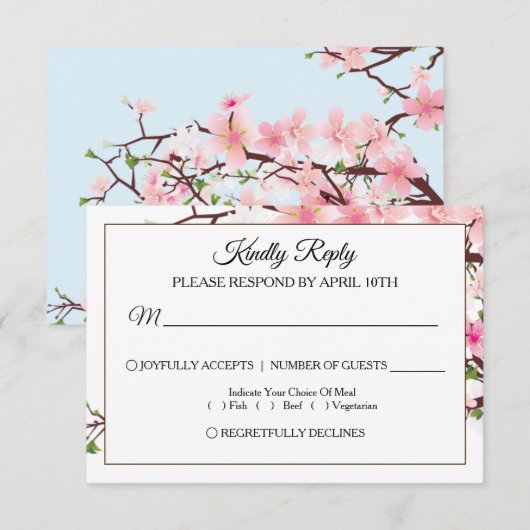 Cherry Blossom Roze Blauw Bruiloft RSVP Kaart (Voorkant / Achterkant)