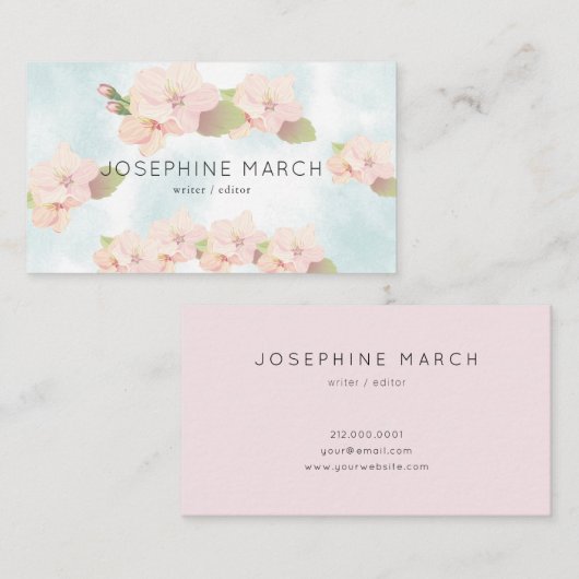 Cherry Blossom Roze Blauwe Waterverf Visitekaartje (Voorkant / Achterkant)
