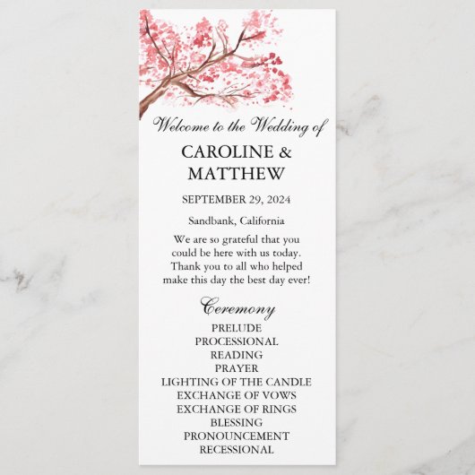 Cherry Blossom Roze Bloemen Waterverf Bruiloft Programmakaart (Voorkant)