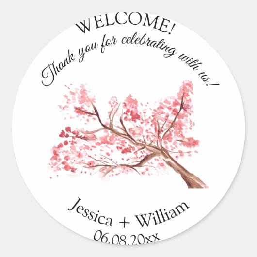 Cherry Blossom Roze Bloemen Waterverf Bruiloft Ronde Sticker (Voorkant)