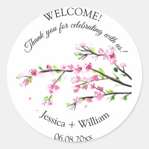 Cherry Blossom Roze Bloemen Waterverf Bruiloft Ronde Sticker