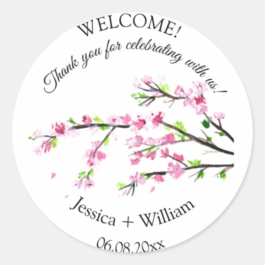 Cherry Blossom Roze Bloemen Waterverf Bruiloft Ronde Sticker (Voorkant)