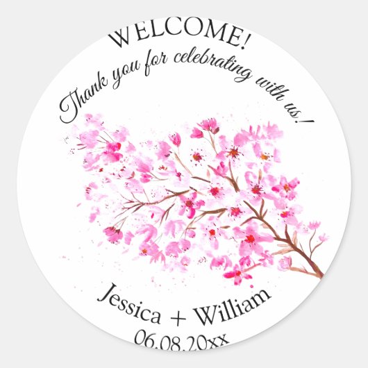 Cherry Blossom Roze Bloemen Waterverf Bruiloft Ronde Sticker (Voorkant)