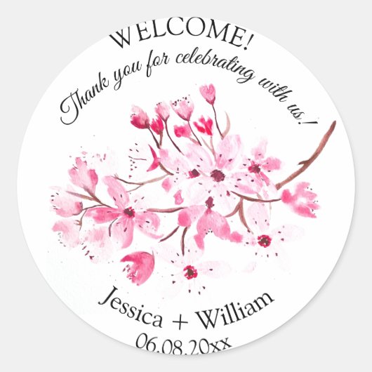 Cherry Blossom Roze Bloemen Waterverf Bruiloft Ronde Sticker (Voorkant)