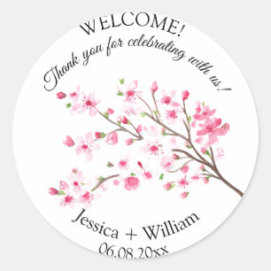 Cherry Blossom Roze Bloemen Waterverf Bruiloft Ronde Sticker