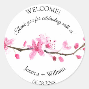 Cherry Blossom Roze Bloemen Waterverf Bruiloft Ronde Sticker