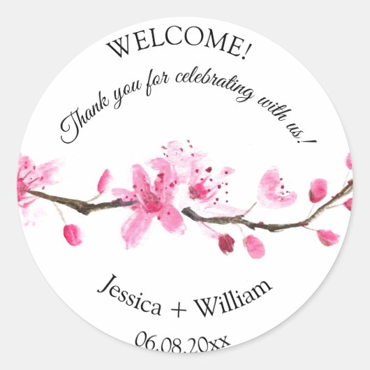 Cherry Blossom Roze Bloemen Waterverf Bruiloft Ronde Sticker (Voorkant)