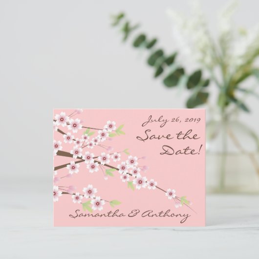 Cherry Blossom Roze Bruiloft Save the Date (Staand voorkant)