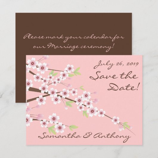 Cherry Blossom Roze Bruiloft Save the Date (Voorkant / Achterkant)