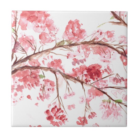 Cherry blossom roze floral waterverf tegeltje (Voorkant)