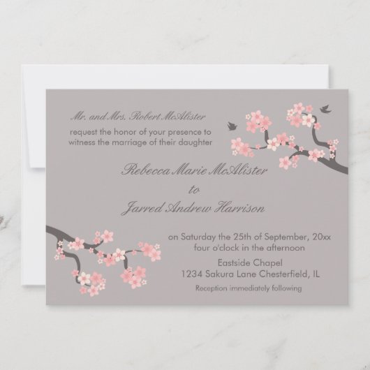 Cherry Blossom roze/grijs landschap Invite Kaart (Voorkant)