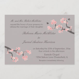 Cherry Blossom roze/grijs landschap Invite Kaart