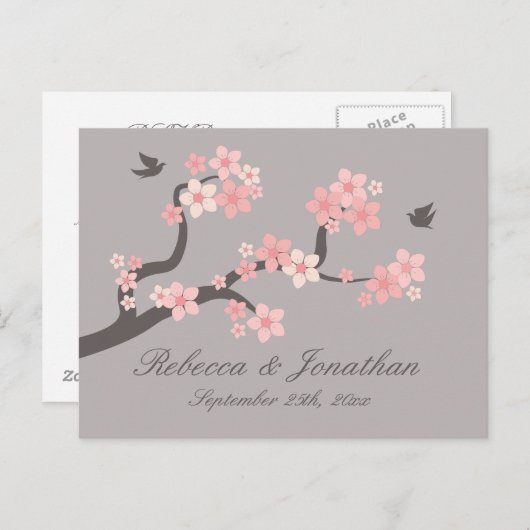 Cherry Blossom roze/grijs RSVP briefkaart (Voorkant / Achterkant)
