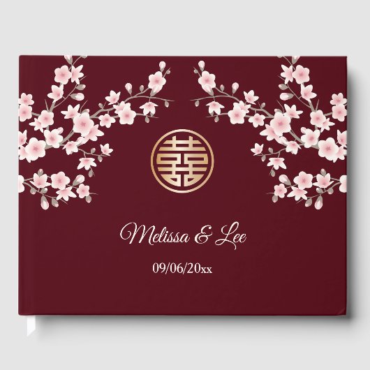 Cherry Blossom Roze Maroon Chinese bruiloft Gastenboek (Voorkant)