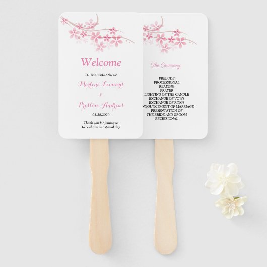 Cherry Blossom Roze Navy Flora Trouwprogramma Handwaaier (Voorkant en achterkant)