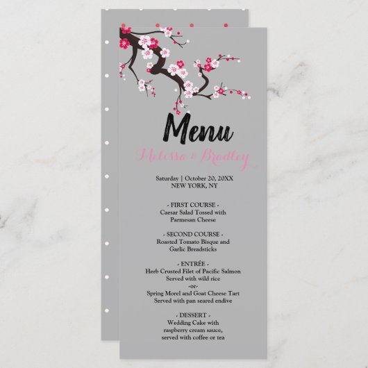 Cherry Blossom Roze Wit bloemenbruiloft Menu (Voorkant / Achterkant)