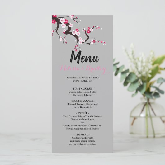 Cherry Blossom Roze Wit bloemenbruiloft Menu (Staand voorkant)