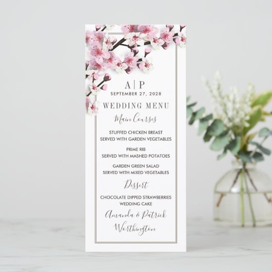 Cherry Blossom Roze Wit Bruiloft Menu Kaarten (Staand voorkant)