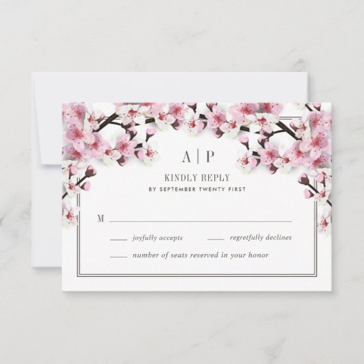 Cherry Blossom Roze Wit Bruiloft RSVP Kaarten Kaartje (Voorkant)