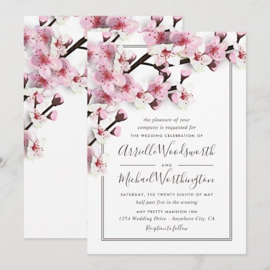 Cherry Blossom Roze Wit Bruiloft Uitnodigingen (Voorkant / Achterkant)