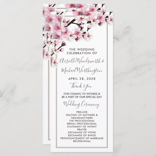 Cherry Blossom Roze Wit Trouwprogramma's Programmakaart (Voorkant / Achterkant)