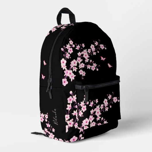 Cherry Blossom Roze Zwart Monogram Bedrukte Rugzak (Achterkant Hoek Links)