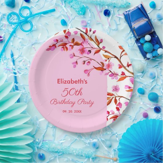 Cherry Blossom Sakura Bloem Roze Wit Verjaardag Papieren Bordje (Feest)