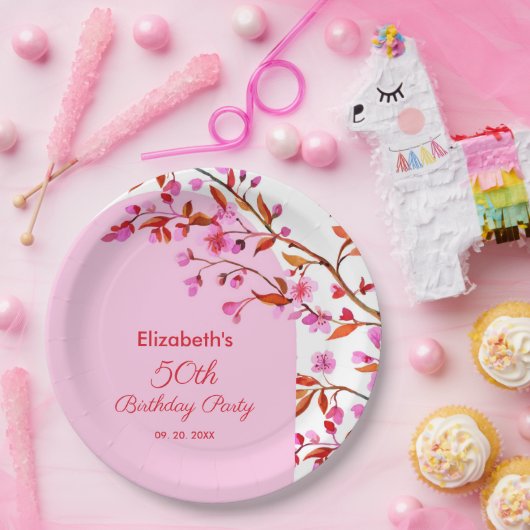 Cherry Blossom Sakura Bloem Roze Wit Verjaardag Papieren Bordje (Feest)