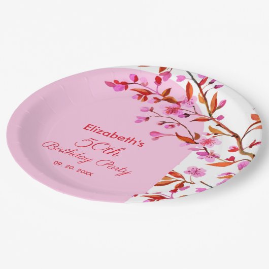 Cherry Blossom Sakura Bloem Roze Wit Verjaardag Papieren Bordje (Gekanteld)
