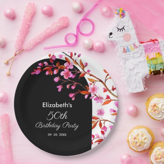 Cherry Blossom Sakura Bloem Zwart Wit Verjaardag Papieren Bordje (Feest)
