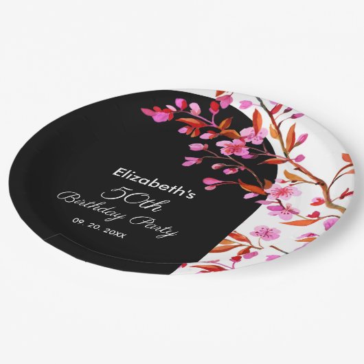 Cherry Blossom Sakura Bloem Zwart Wit Verjaardag Papieren Bordje (Gekanteld)