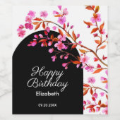 Cherry Blossom Sakura Bloem Zwart Wit Verjaardag Wijn Etiket (Enkel label)