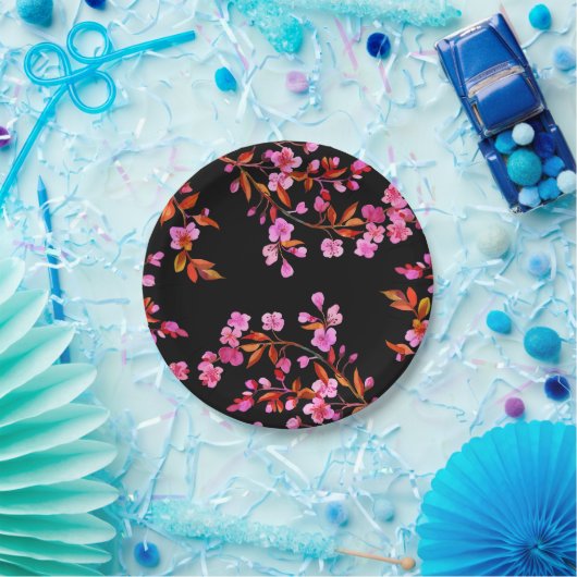 Cherry Blossom Sakura Floral Roze Zwart Papieren Bordje (Feest)