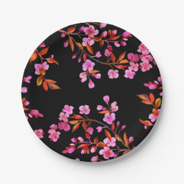 Cherry Blossom Sakura Floral Roze Zwart Papieren Bordje