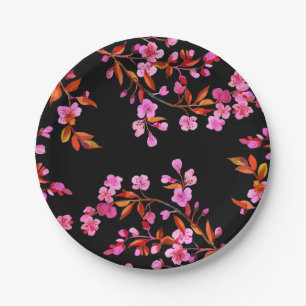 Cherry Blossom Sakura Floral Roze Zwart Papieren Bordje