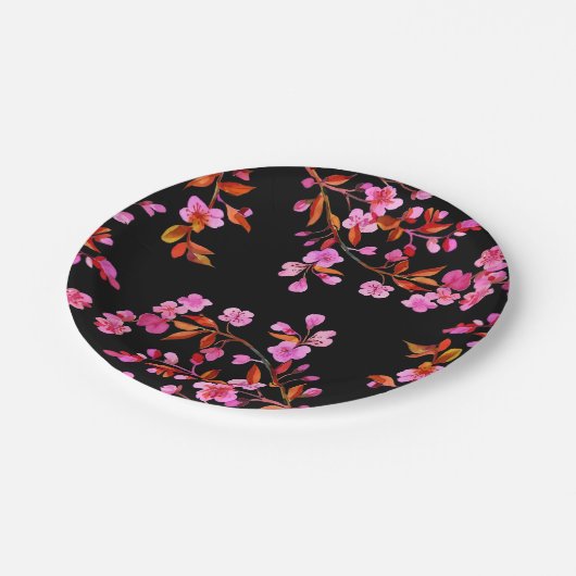Cherry Blossom Sakura Floral Roze Zwart Papieren Bordje (Gekanteld)