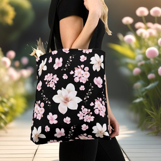 Cherry Blossom Sakura Magnolia Spring Roze Zwart Tote Bag