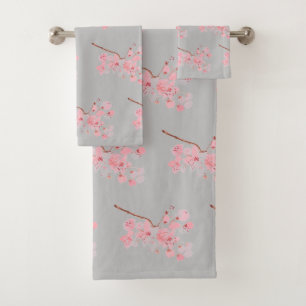Cherry blossom Sakura Pink Floral Japans grijs Bad Handdoek