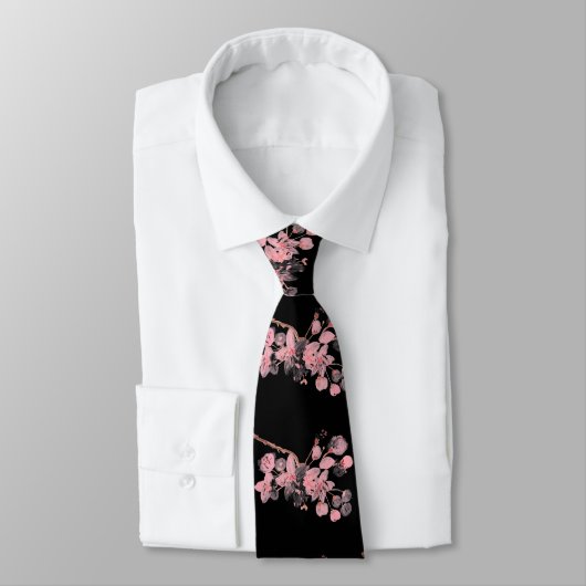 Cherry blossom Sakura Pink Floral Wedding Black Stropdas (Gebonden)
