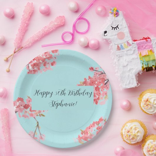 Cherry blossom Sakura Pink Turquoise Birthday Pap Papieren Bordje (Feest)