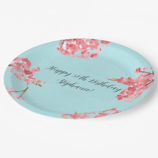 Cherry blossom Sakura Pink Turquoise Birthday Pap Papieren Bordje (Gekanteld)