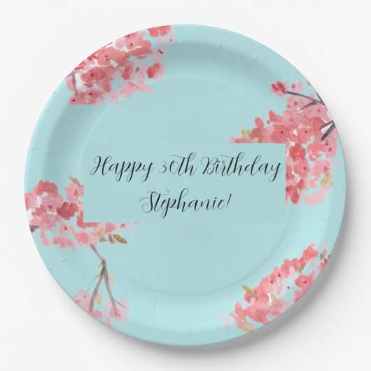 Cherry blossom Sakura Pink Turquoise Birthday Pap Papieren Bordje (Voorkant)