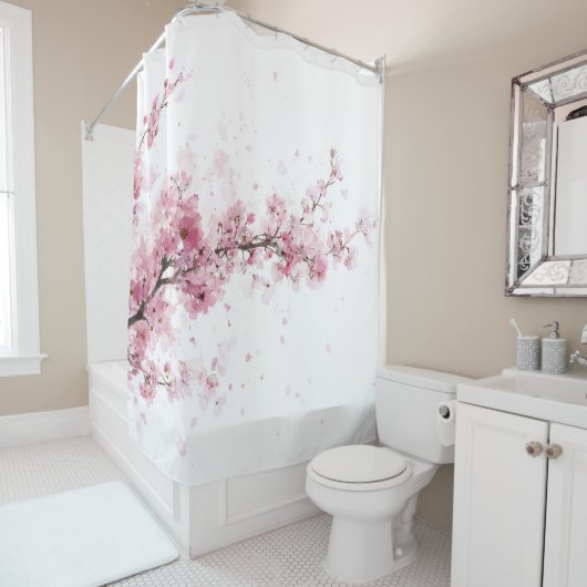 Cherry Blossom Sakura Pink White Pastel Floral Douchegordijn (In situ)