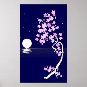 Cherry blossom (Sakura) 's nachts afdrukken Poster