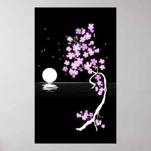 Cherry blossom (Sakura) 's nachts afdrukken Poster