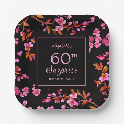 Cherry Blossom Sakura Surprise Zwart Verjaardag Papieren Bordje (Voorkant)